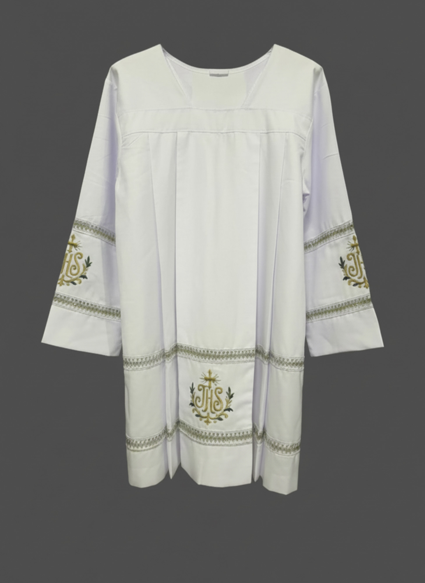 White surplice is a pleated liturgical vestment featuring gold embroidery of the IHS monogram on the hem and sleeves.